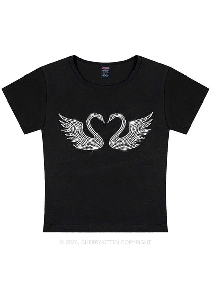 Rhinestone Swans Y2K Baby Tee Cherrykitten