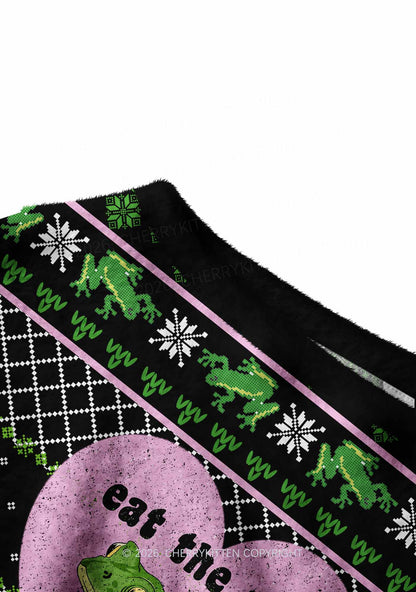 Eat The Rich Frog Y2K Off Shoulder Knit Sweatshirt Cherrykitten