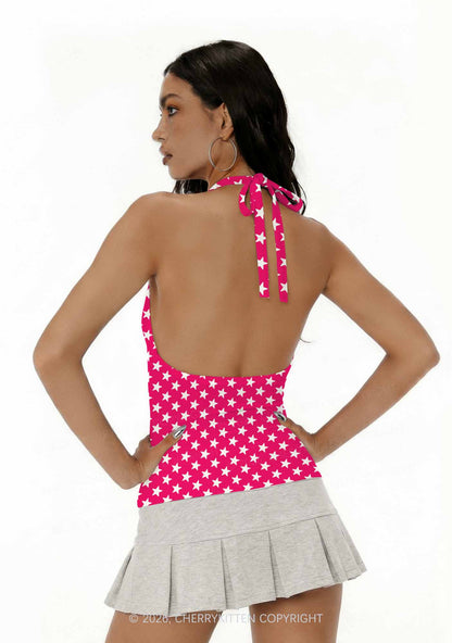 White Stars On Pink Y2K Print Halter Deep V Neck Cami Cherrykitten