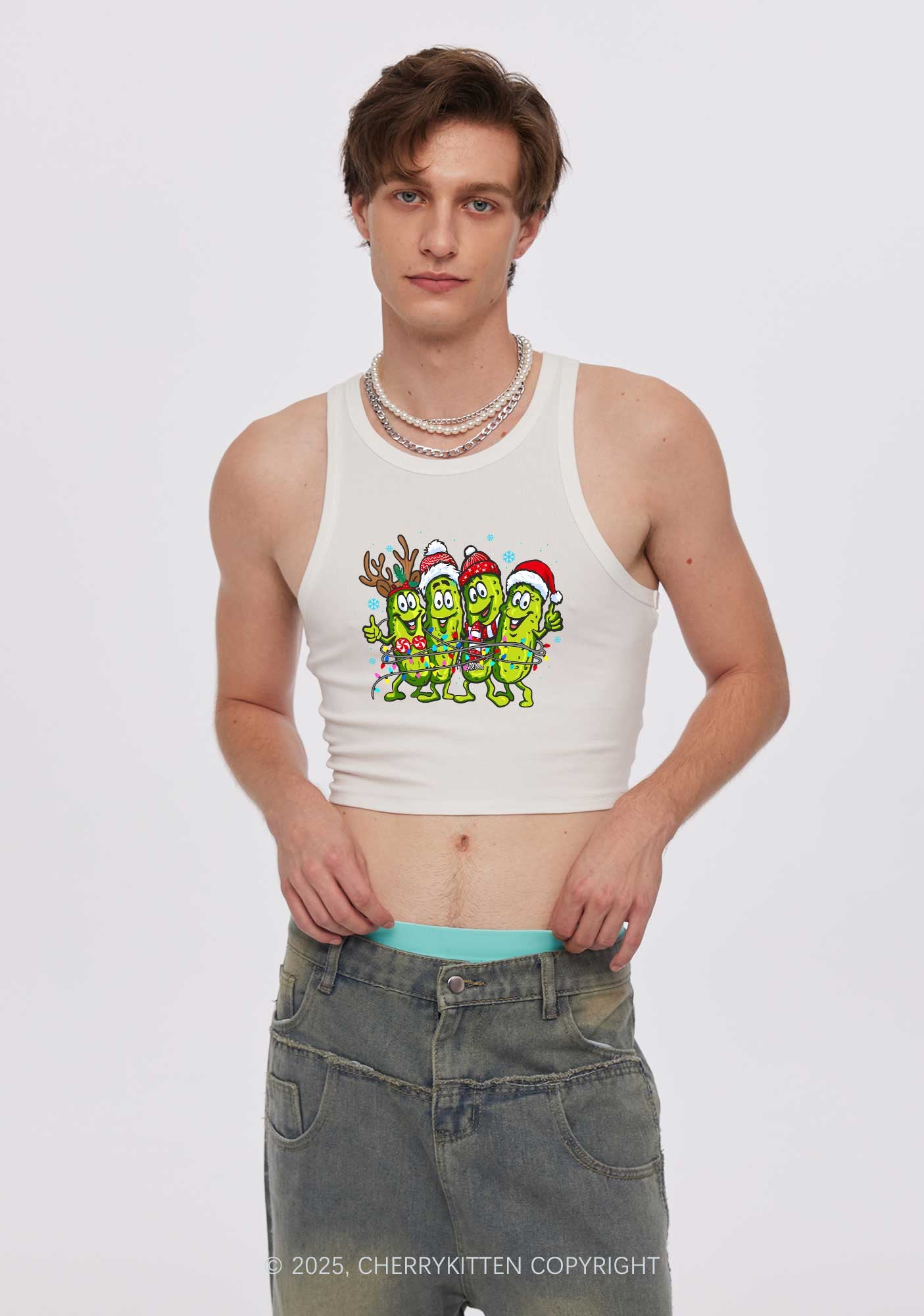 Christmas Cheerful Pickles Y2K Crop Tank Top Cherrykitten