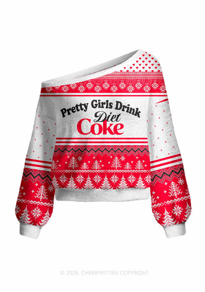 Pretty Girls Drink Diet Cola Y2K Off Shoulder Knit Sweatshirt Cherrykitten