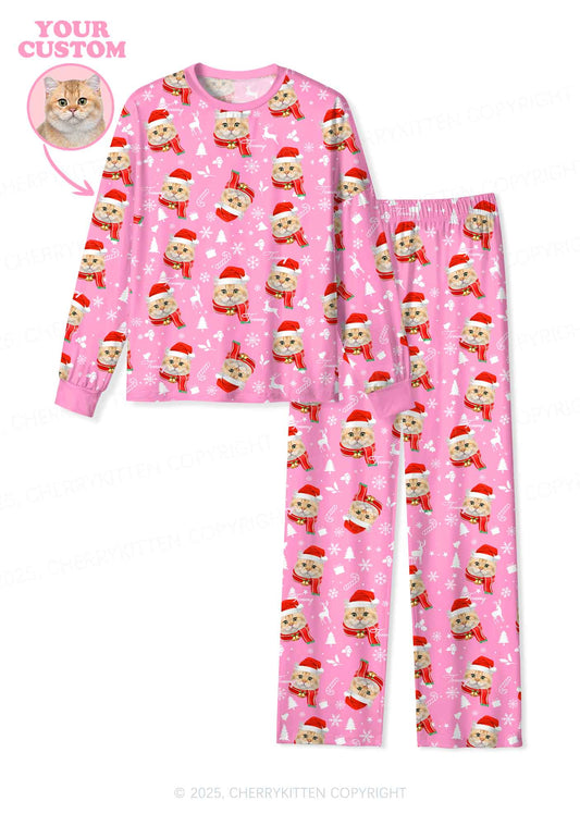 Custom Sweet Cat Face Y2K Print Long Sleeve Pajama Set Cherrykitten