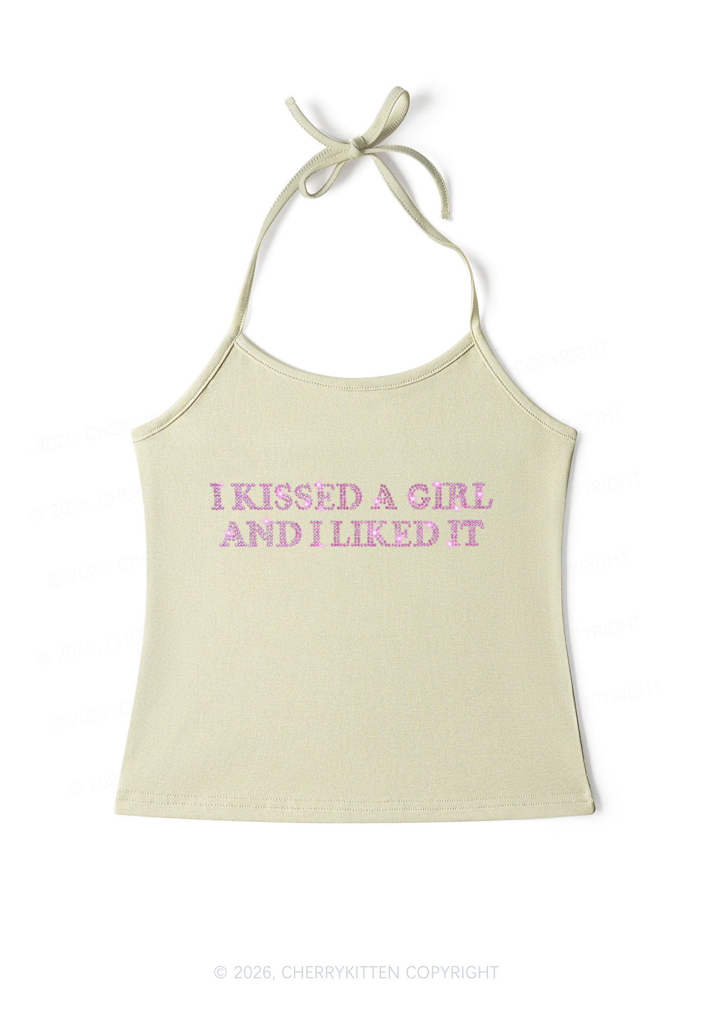 Rhinestone I Kissed A Girl Pride Y2K Halter Neck Cami Cherrykitten