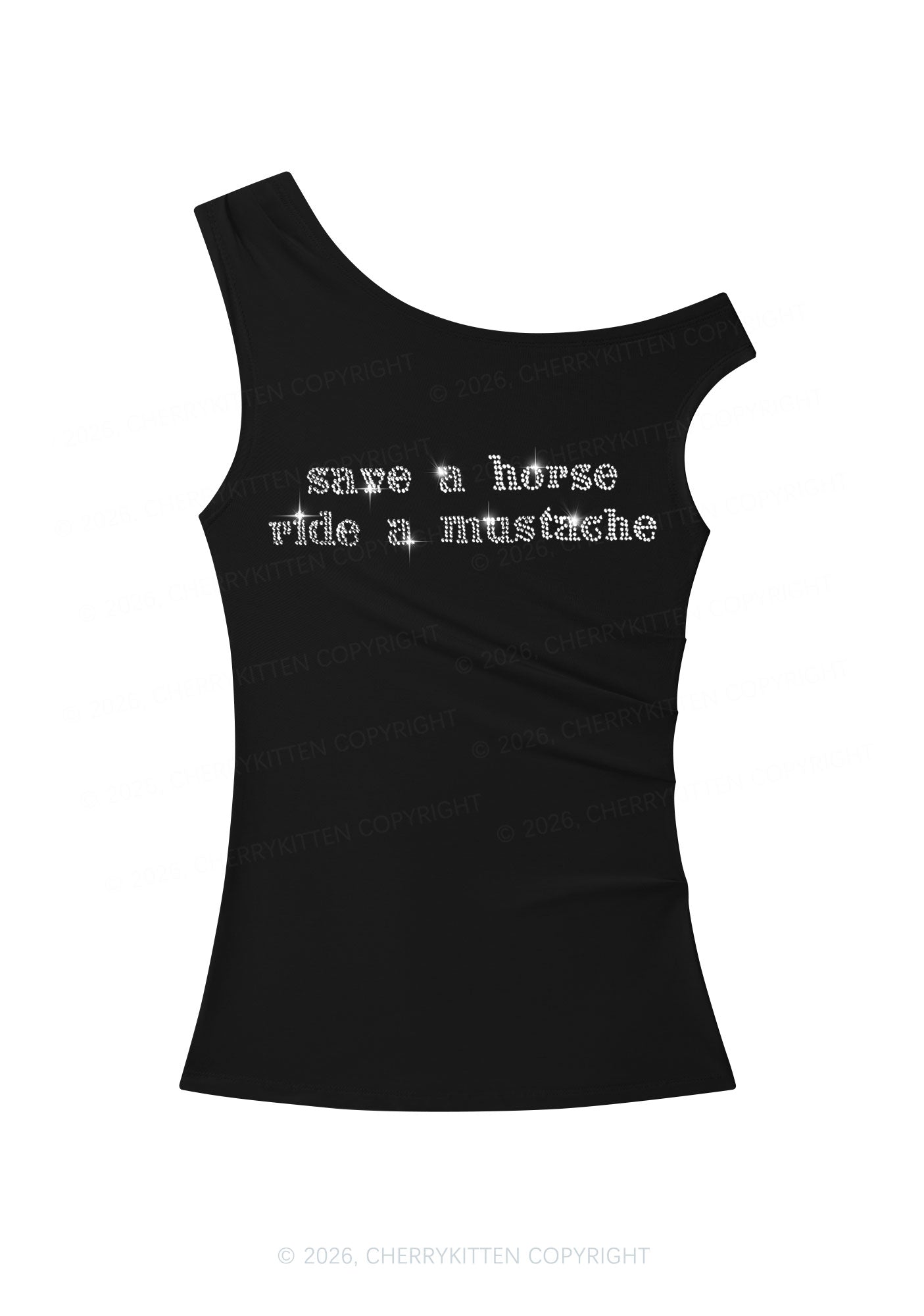 Rhinestone Ride A Mustache Y2K Off Shoulder Tank Top Cherrykitten