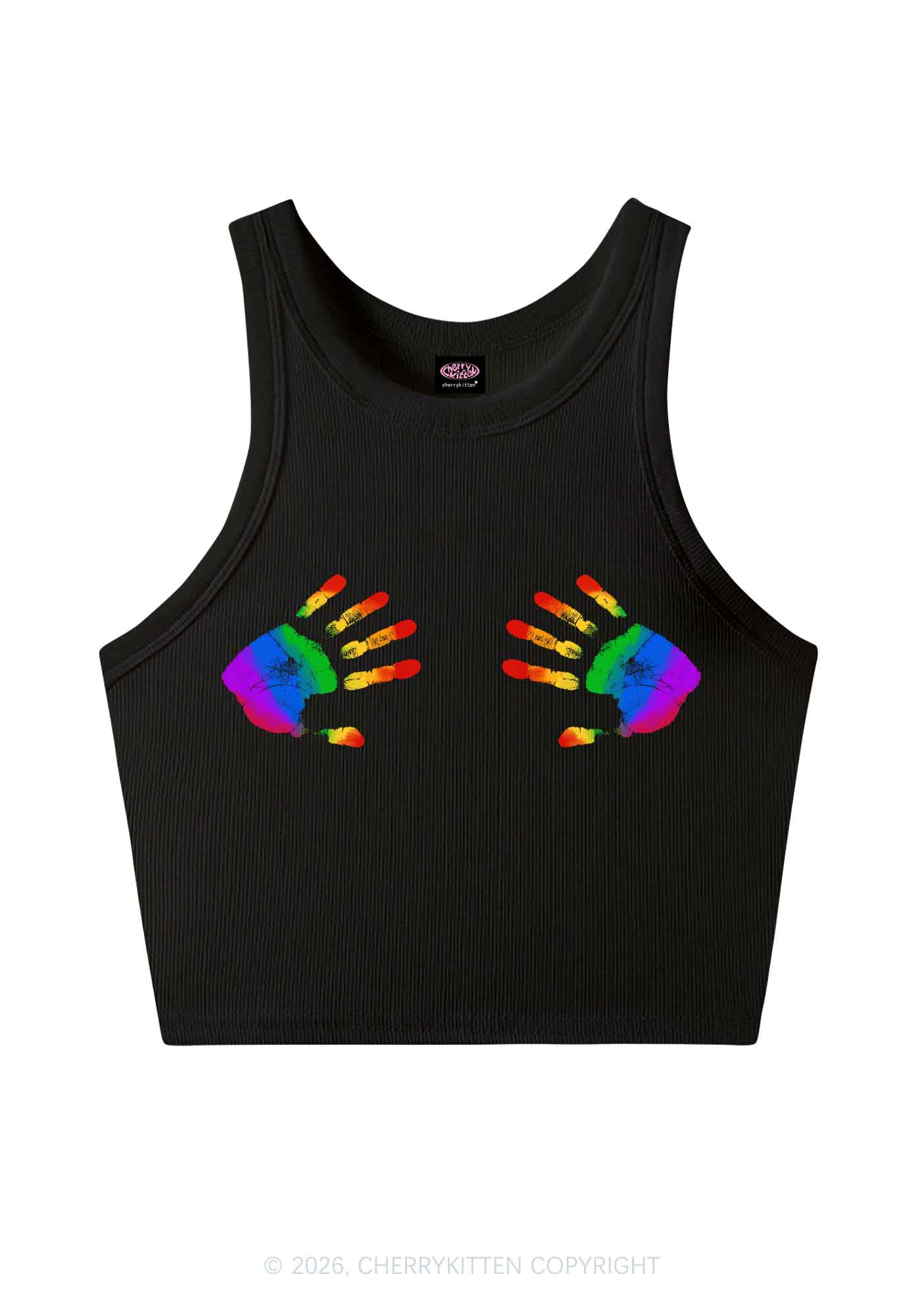 Rainbow Handprint Pride Y2K Crop Tank Top Cherrykitten