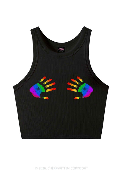 Rainbow Handprint Pride Y2K Crop Tank Top Cherrykitten