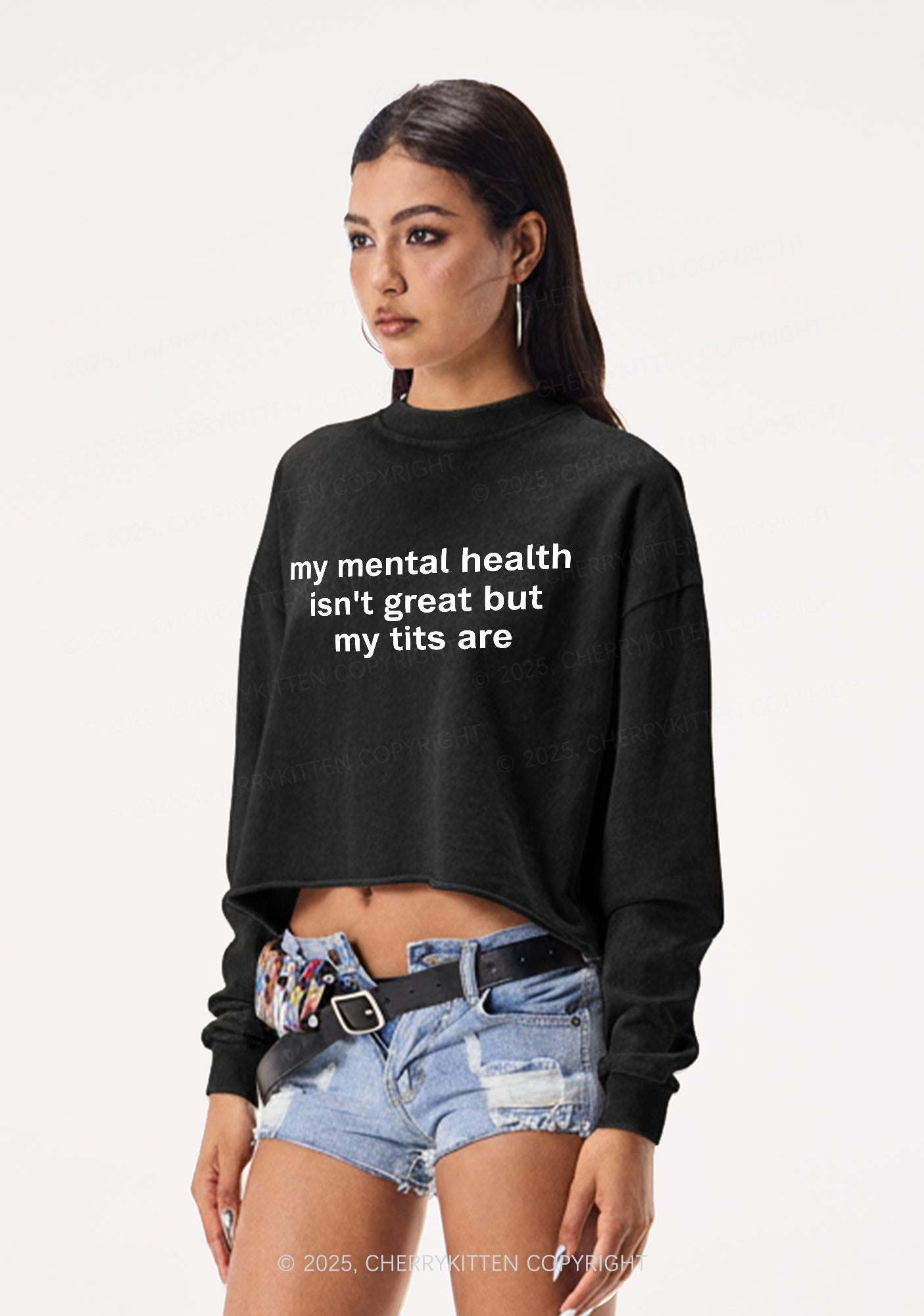 My Mental Health Isnt Great Y2K Crop Washed Sweatshirts Cherrykitten