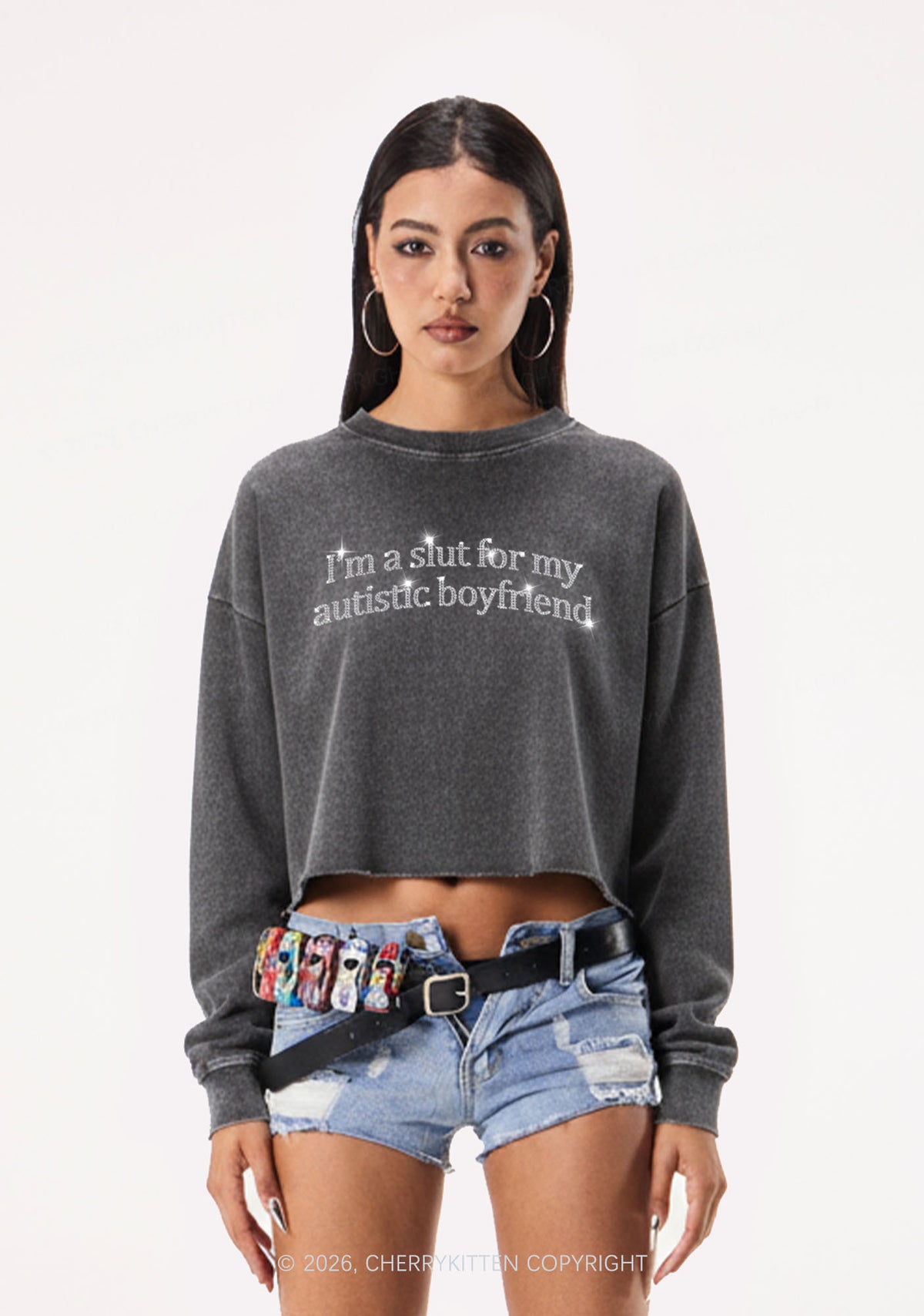 Rhinestone Slxt For My Autistic BF Y2K Crop Washed Sweatshirts Cherrykitten