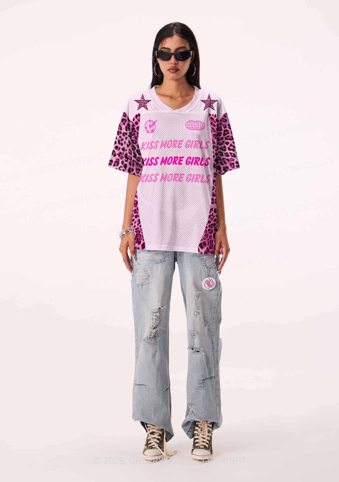 Kiss More Girls Pink Leopard Pride Y2K Sport Jersey Shirts Cherrykitten