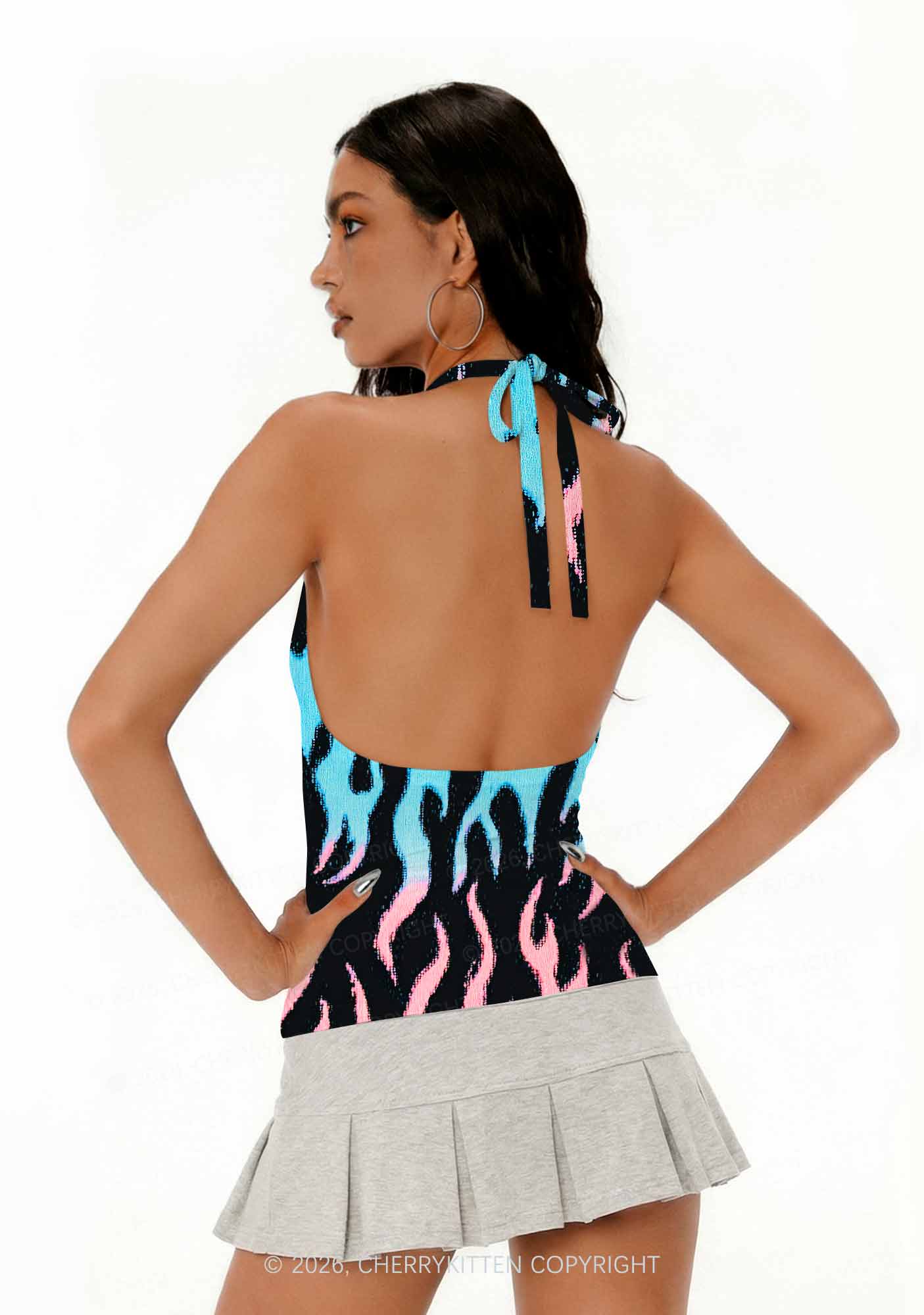 Trans Flame Pride Y2K Print Halter Deep V Neck Cami Cherrykitten