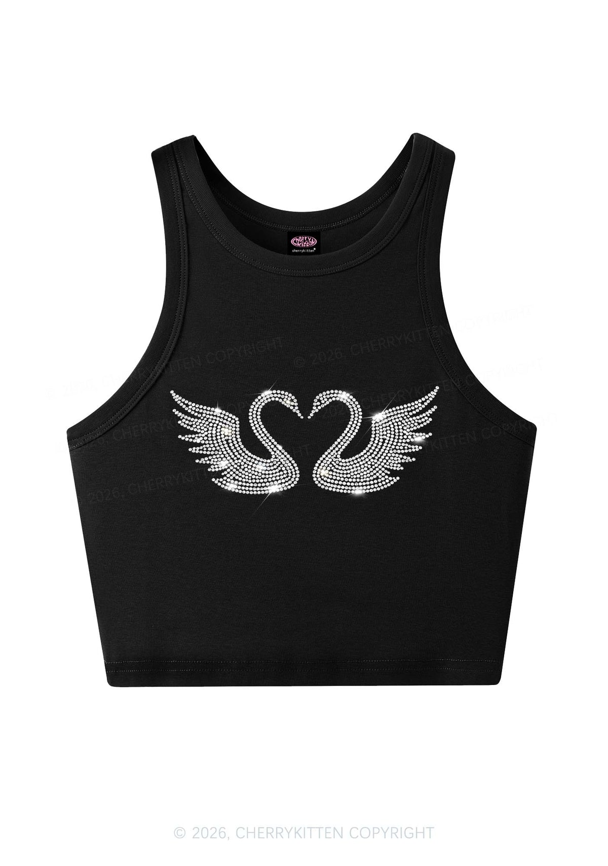 Rhinestone Swans Y2K Crop Tank Top Cherrykitten