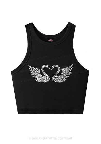 Rhinestone Swans Y2K Crop Tank Top Cherrykitten