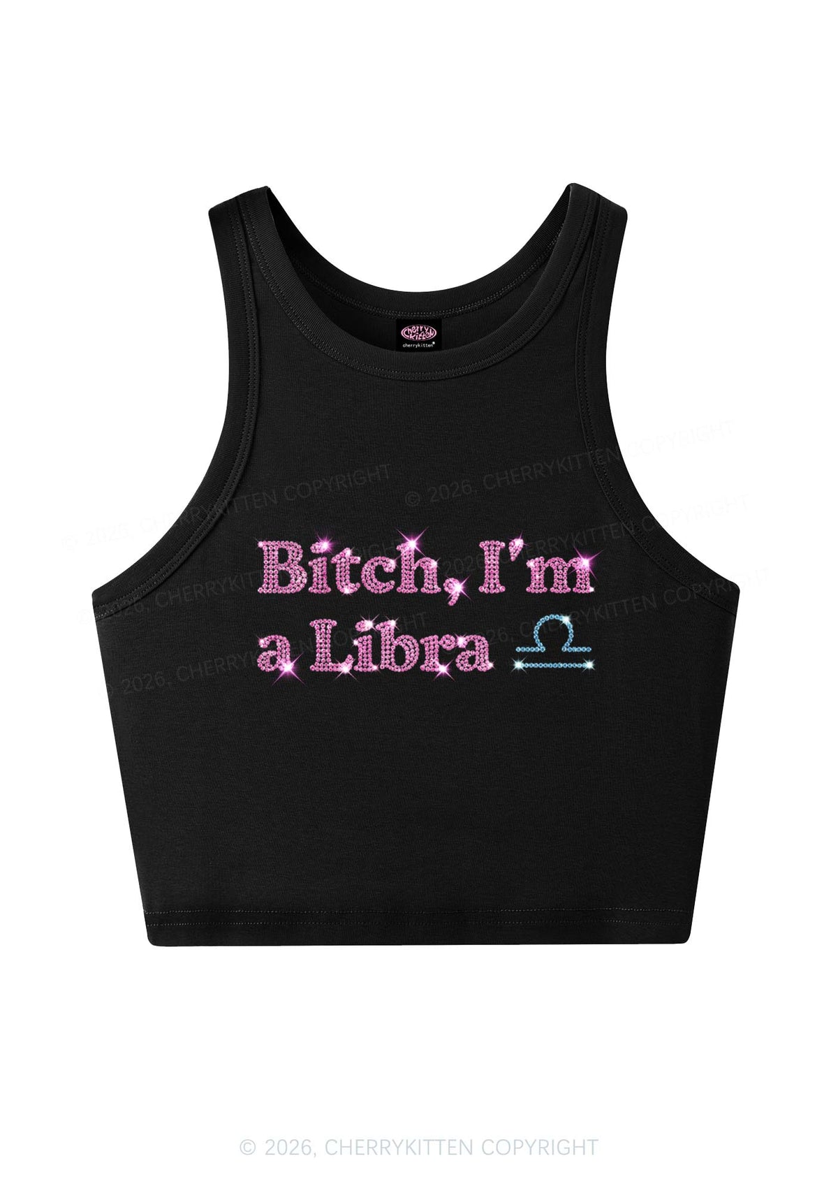 Rhinestone Bxxch Im A Libra Y2K Crop Tank Top Cherrykitten