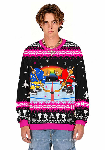 Pink Hockey Gingerbread Man Y2K Knit Sweatshirt Cherrykitten