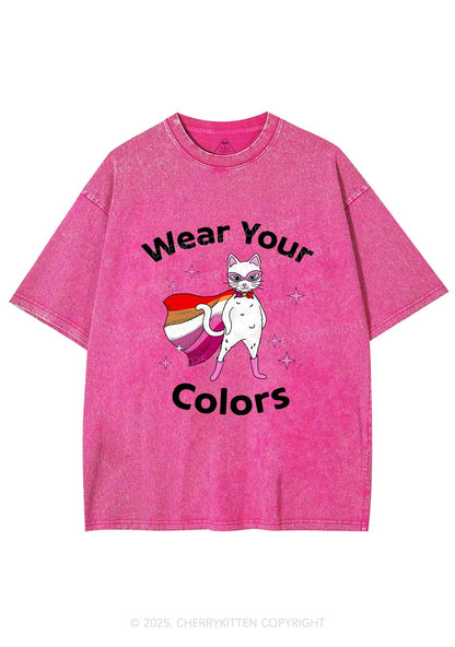 Lesbian Flag Cat Pride Y2K Shirts Washed Tee Cherrykitten