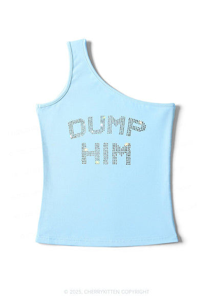 Rhinestone Dump Him Y2K One Shoulder Tank Top Cherrykitten