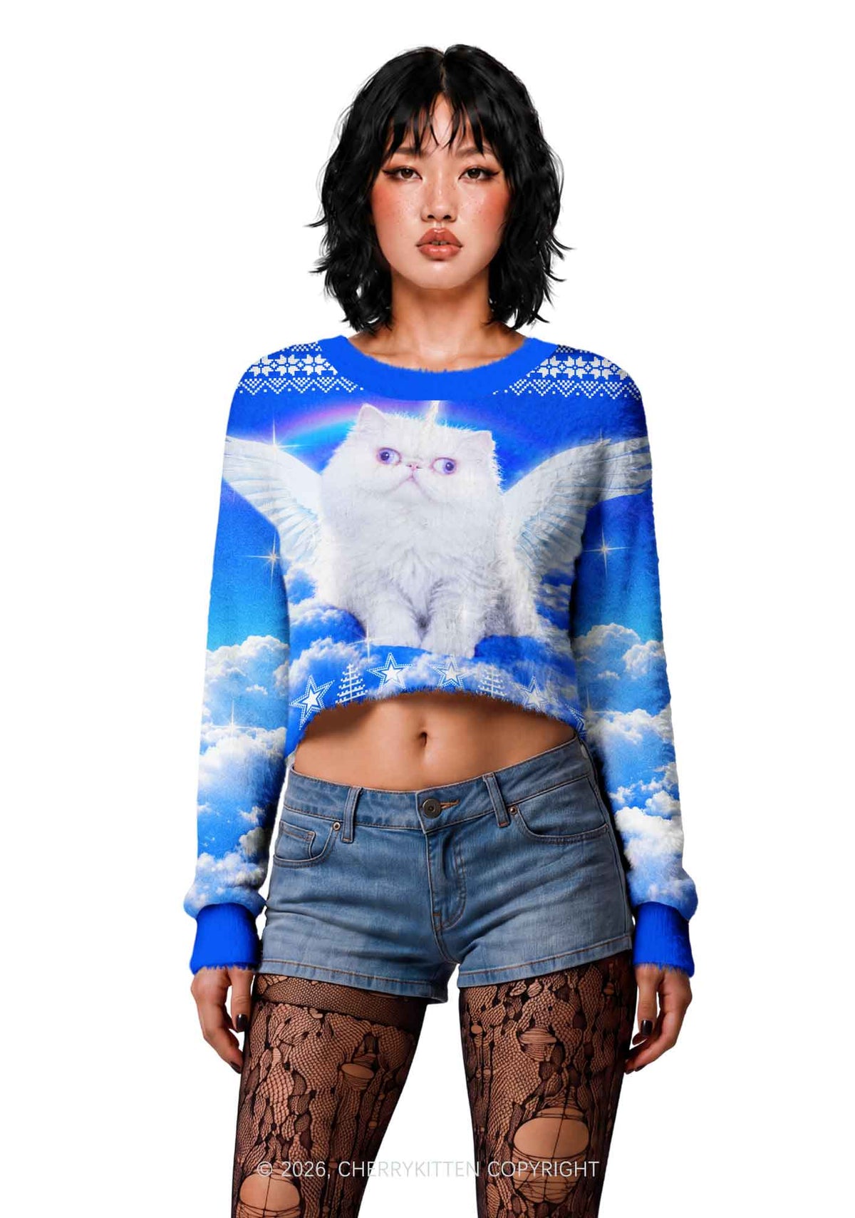 White Angel Unicorn Cat Y2K Crop Knit Sweatshirt Cherrykitten