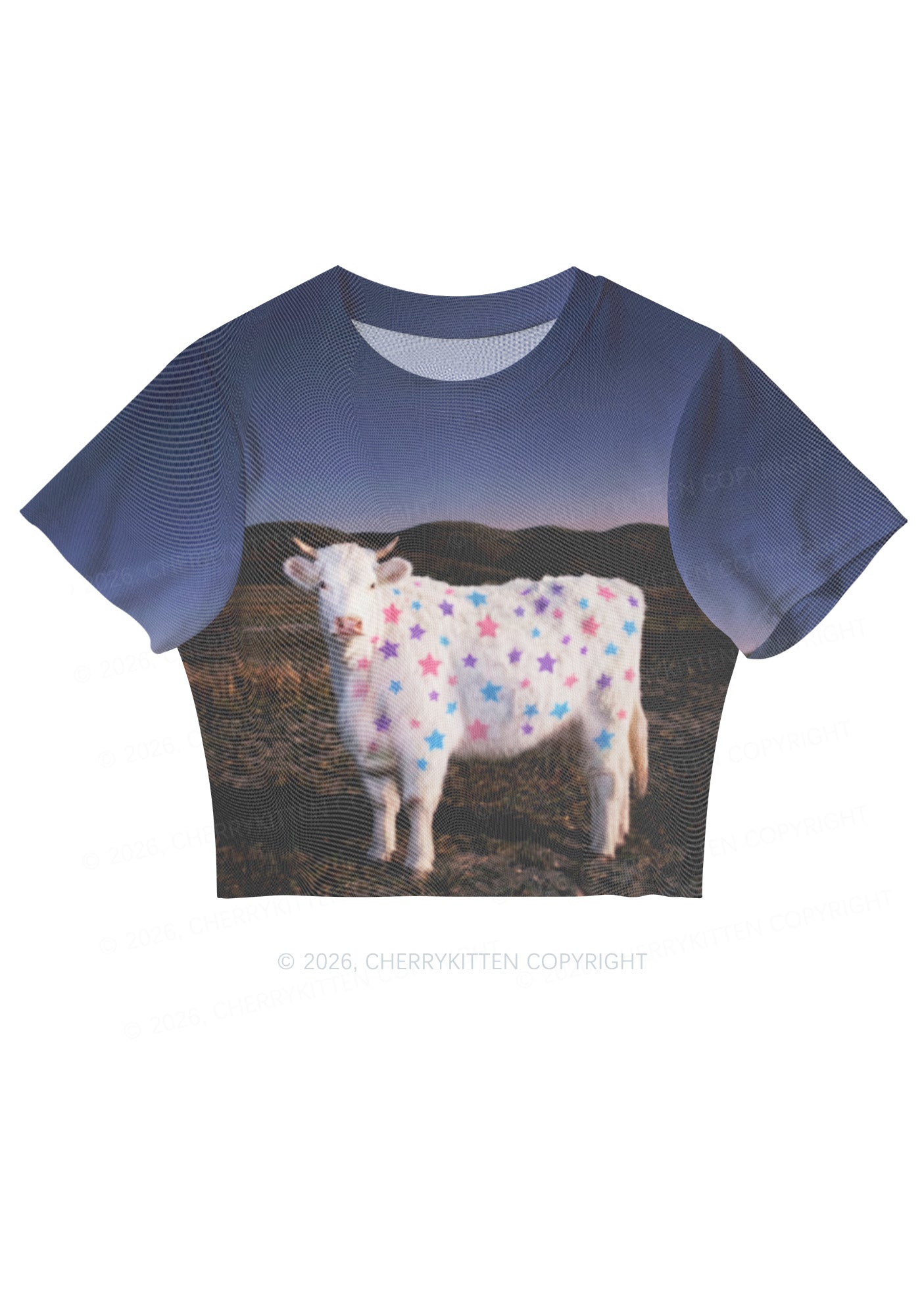 Pastel Star Cow Y2K Mesh Crop Top Cherrykitten