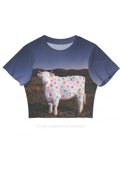 Pastel Star Cow Y2K Mesh Crop Top Cherrykitten