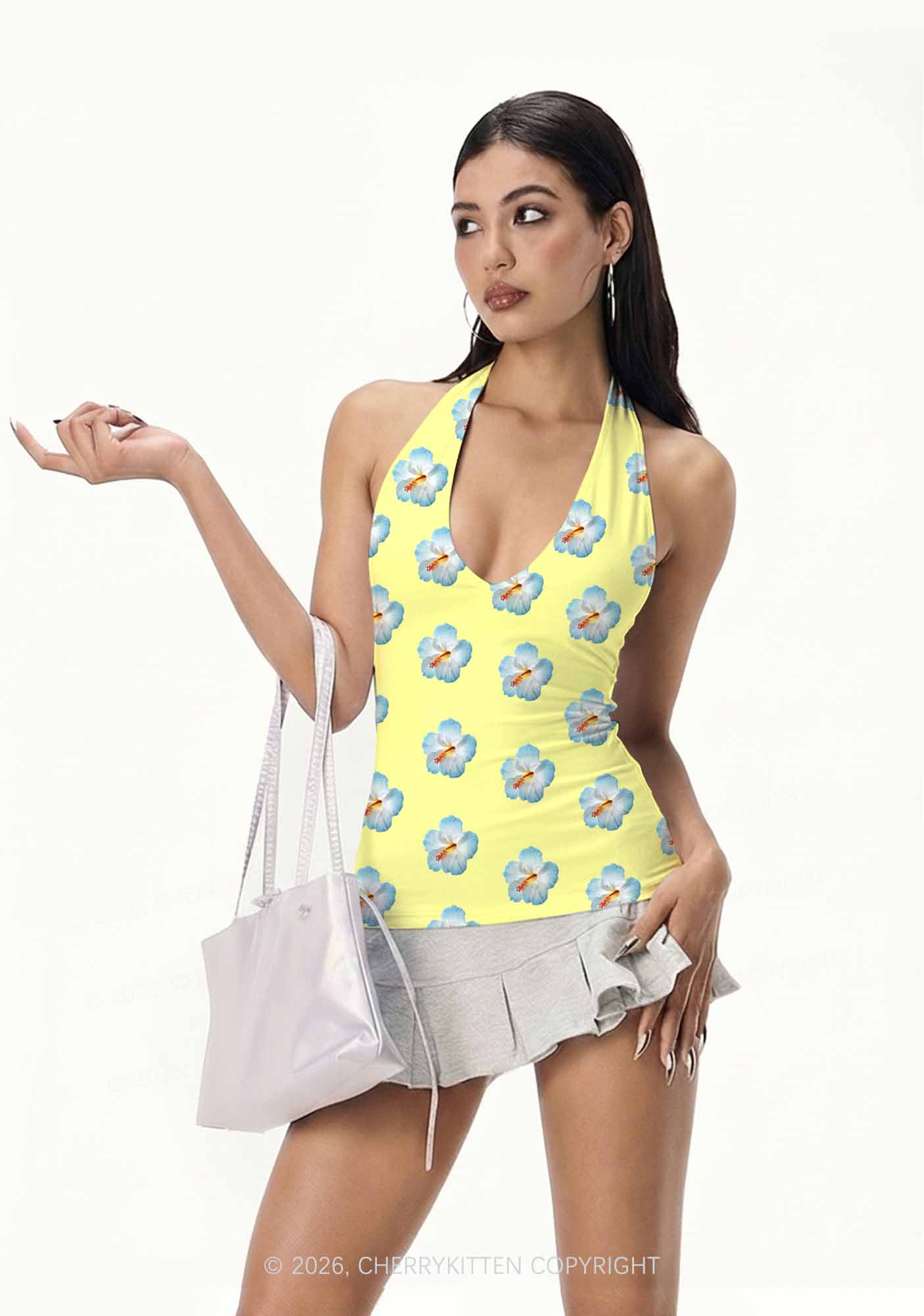 Pale Yellow Hibiscus Y2K Print Halter Deep V Neck Cami Cherrykitten