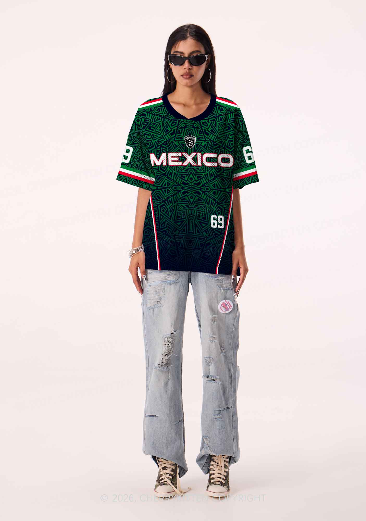 Custom Green Mexico Geometric Pattern Y2K Sport Jersey Shirts Cherrykitten