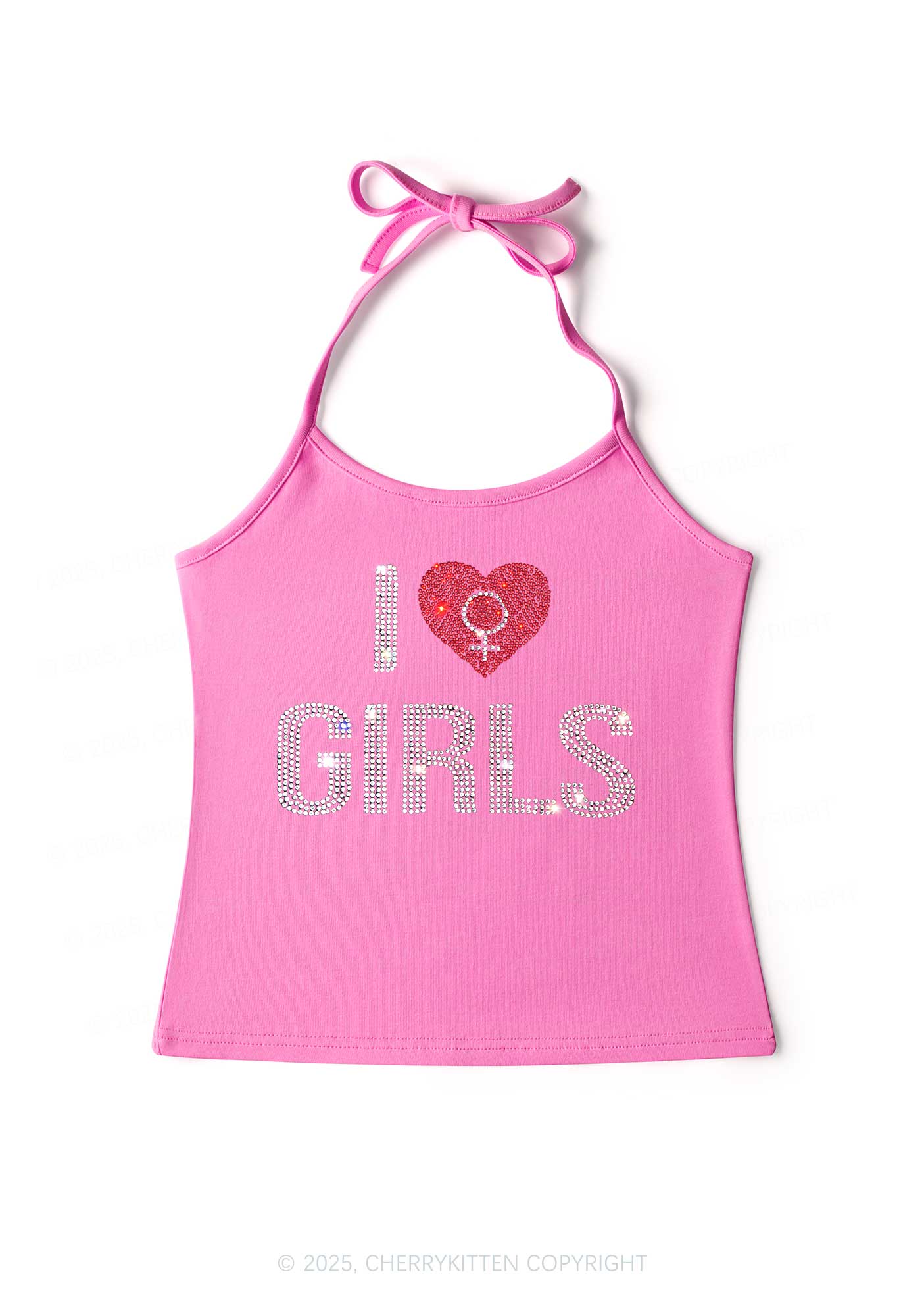 Rhinestone I Love Girls Pride Y2K Halter Neck Cami Cherrykitten