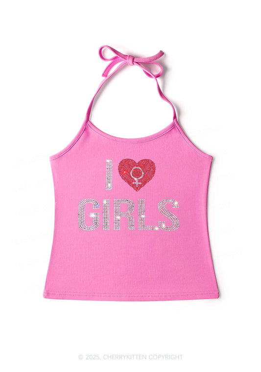 Rhinestone I Love Girls Pride Y2K Halter Neck Cami Cherrykitten