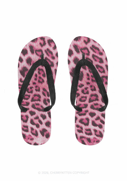 Pink Leopard Y2K Print Flip Flops Cherrykitten