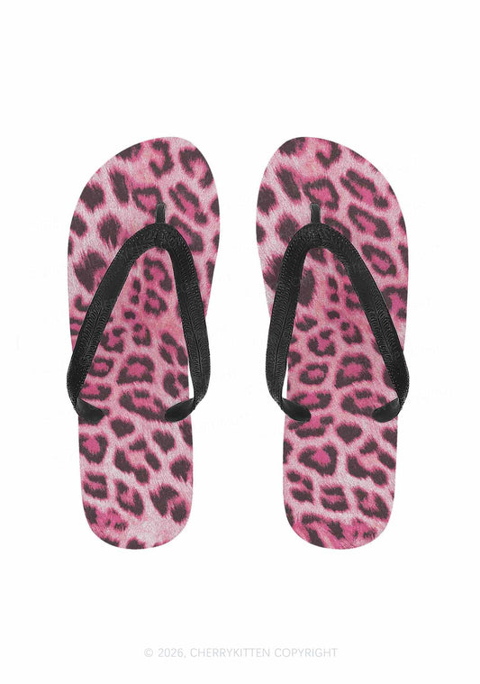 Pink Leopard Y2K Print Flip Flops Cherrykitten