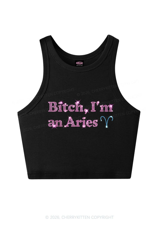 Rhinestone Bxxch Im A Aries Y2K Crop Tank Top Cherrykitten
