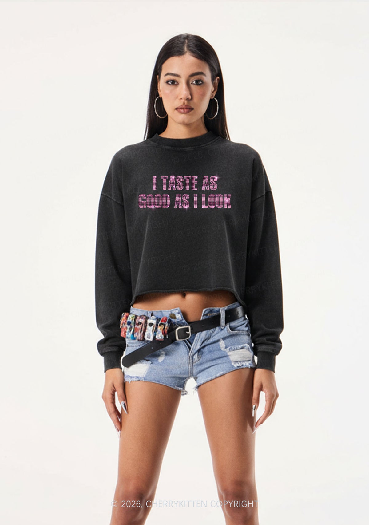 Rhinestone Taste Good Y2K Crop Washed Sweatshirts Cherrykitten