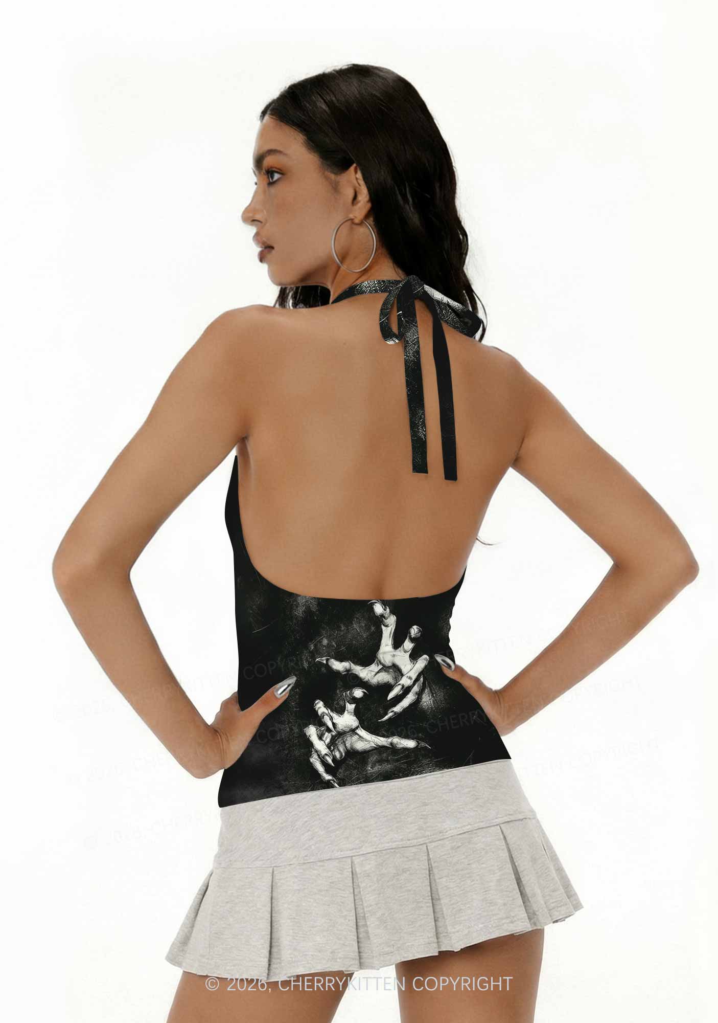 Halloween Black Demon Claws Y2K Print Halter Deep V Neck Cami Cherrykitten