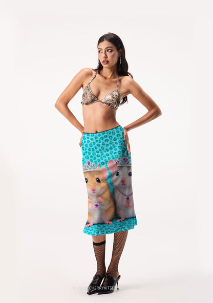 Mint Leopard Hamster Y2K Print Midi Skirt Cherrykitten