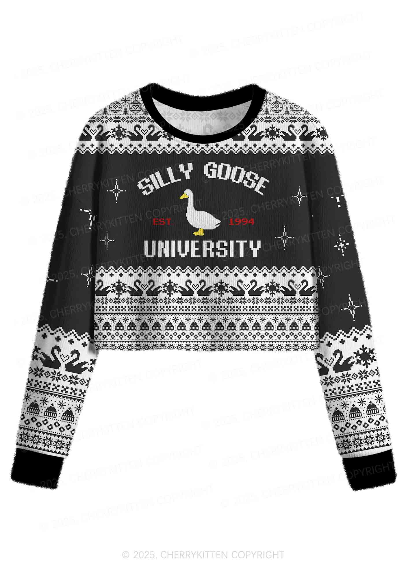 Silly Goose University Y2K Christmas Crop Knit Sweatshirt Cherrykitten