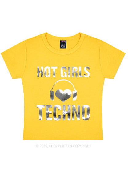 Hot Girls Love Techno Silver Foil Printed Y2K Baby Tee Cherrykitten