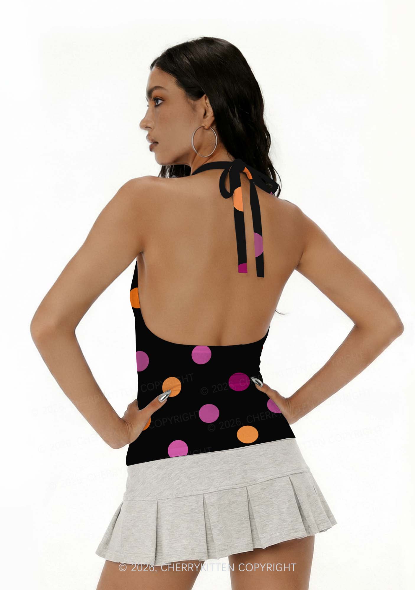 Lesbian Dots Pride Y2K Print Halter Deep V Neck Cami Cherrykitten