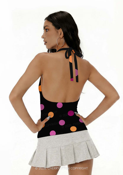 Lesbian Dots Pride Y2K Print Halter Deep V Neck Cami Cherrykitten