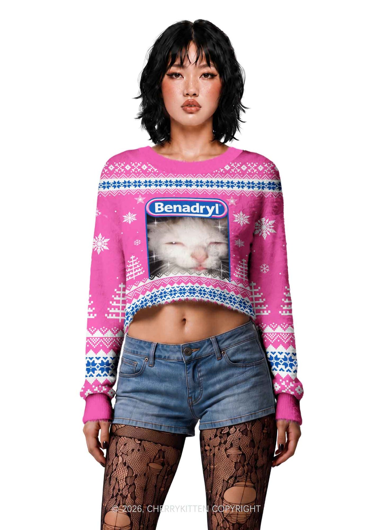 Sleepy Cat Y2K Crop Knit Sweatshirt Cherrykitten