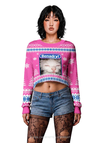 Sleepy Cat Y2K Crop Knit Sweatshirt Cherrykitten