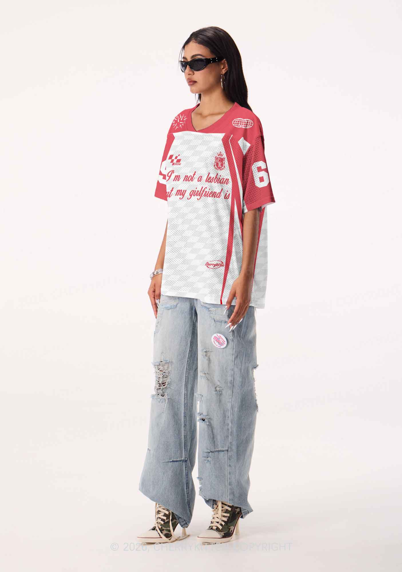 Im Not A Lesbian But My GF Is Pride Y2K Sport Jersey Shirts Cherrykitten