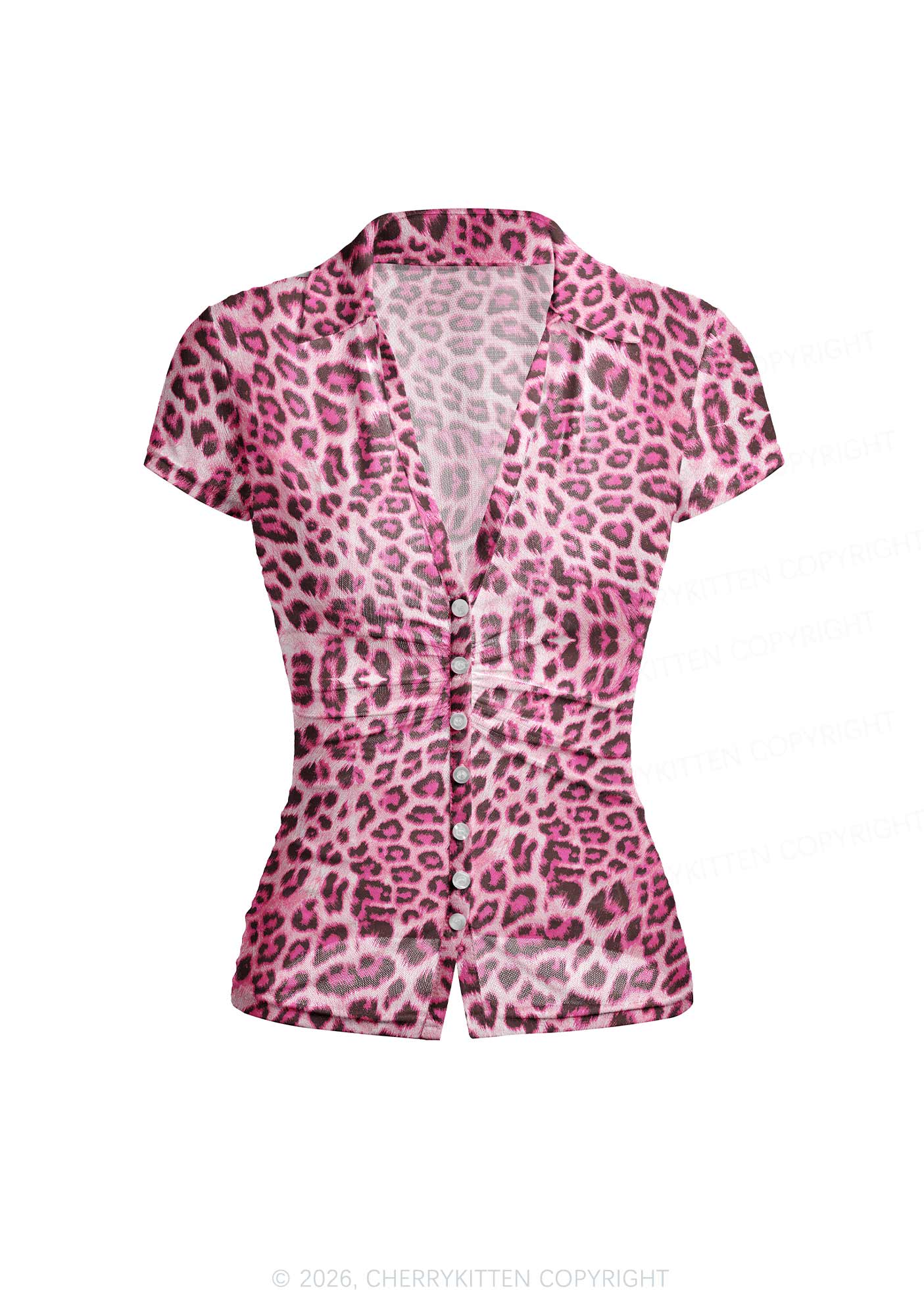 Pink Leopard Y2K Mesh Ruched Waist V Neck Top Cherrykitten