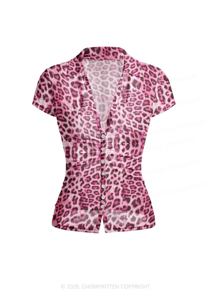 Pink Leopard Y2K Mesh Ruched Waist V Neck Top Cherrykitten