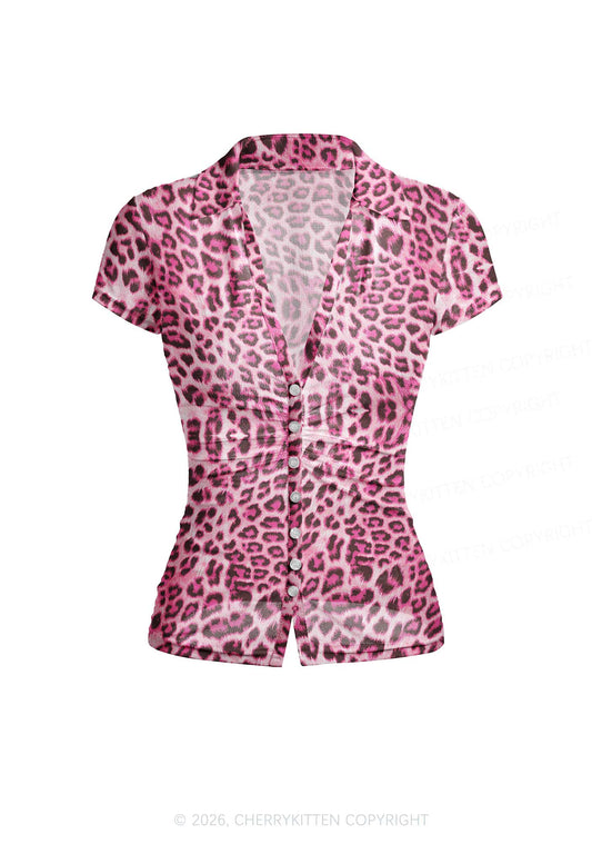 Pink Leopard Y2K Mesh Ruched Waist V Neck Top Cherrykitten
