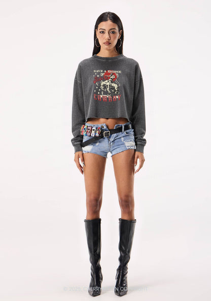 Ride A Cowboy Y2K Crop Washed Sweatshirts Cherrykitten