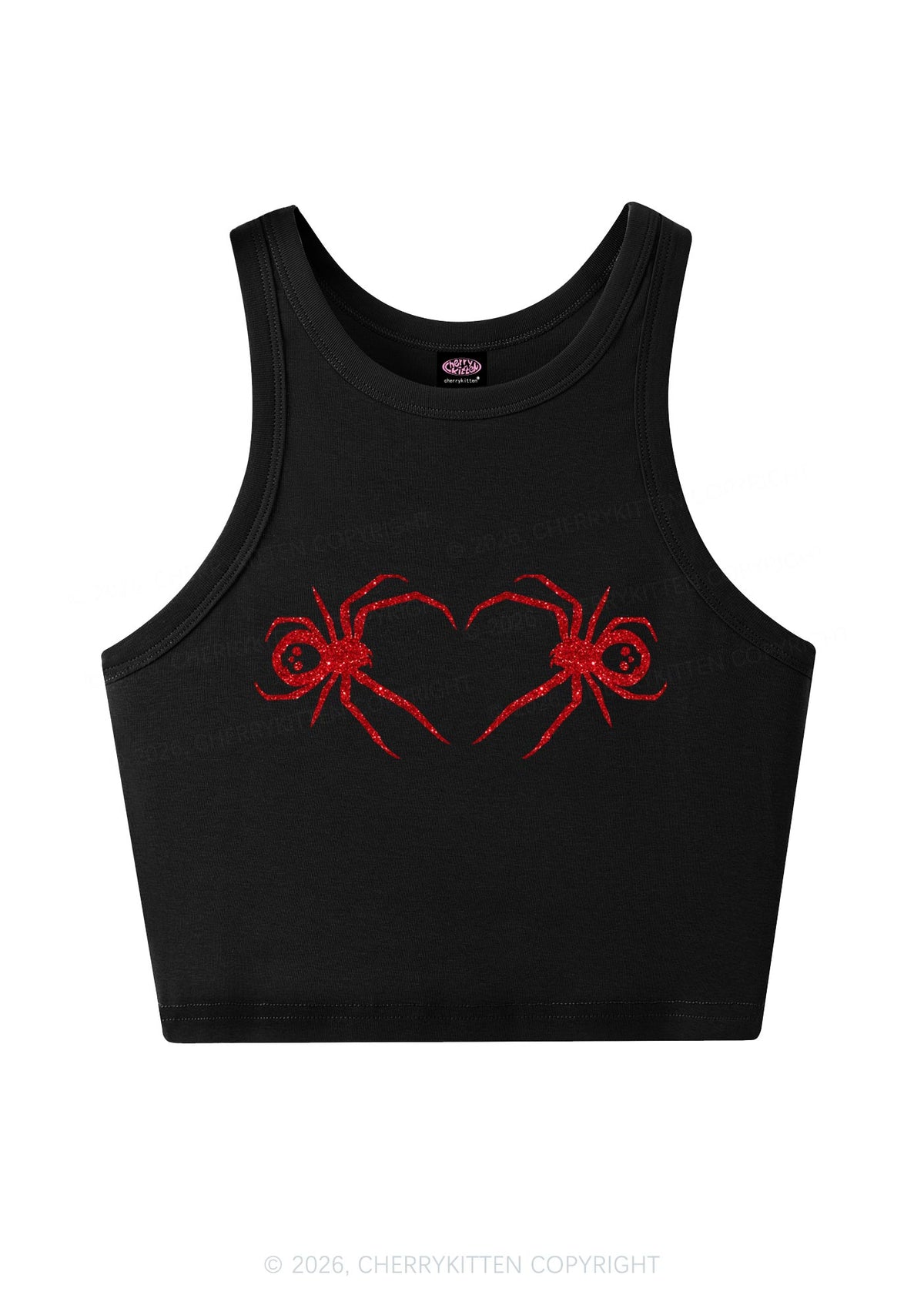 Glitter Skull Spider Y2K Crop Tank Top Cherrykitten