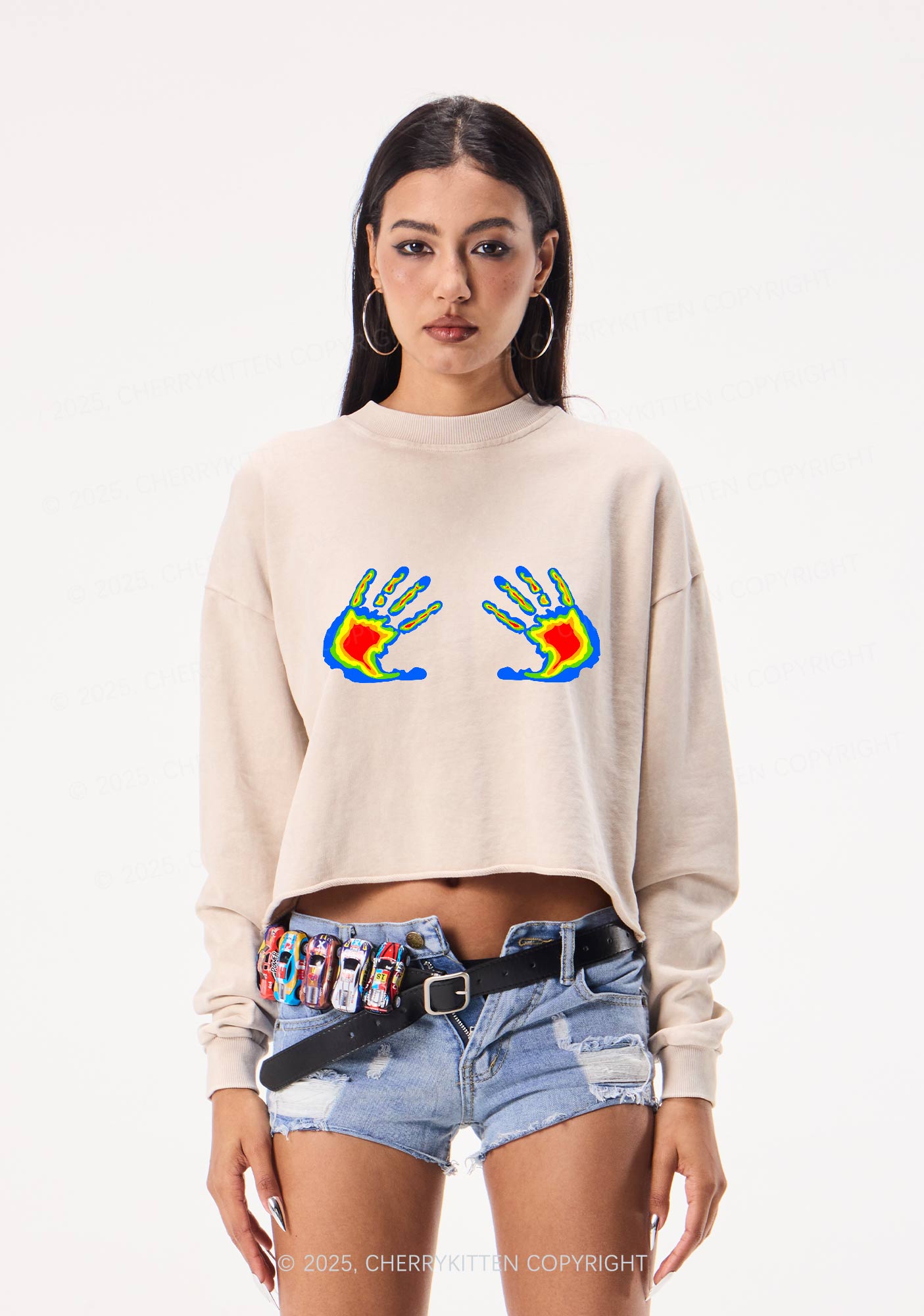 Thermal Hands Y2K Crop Washed Sweatshirts Cherrykitten