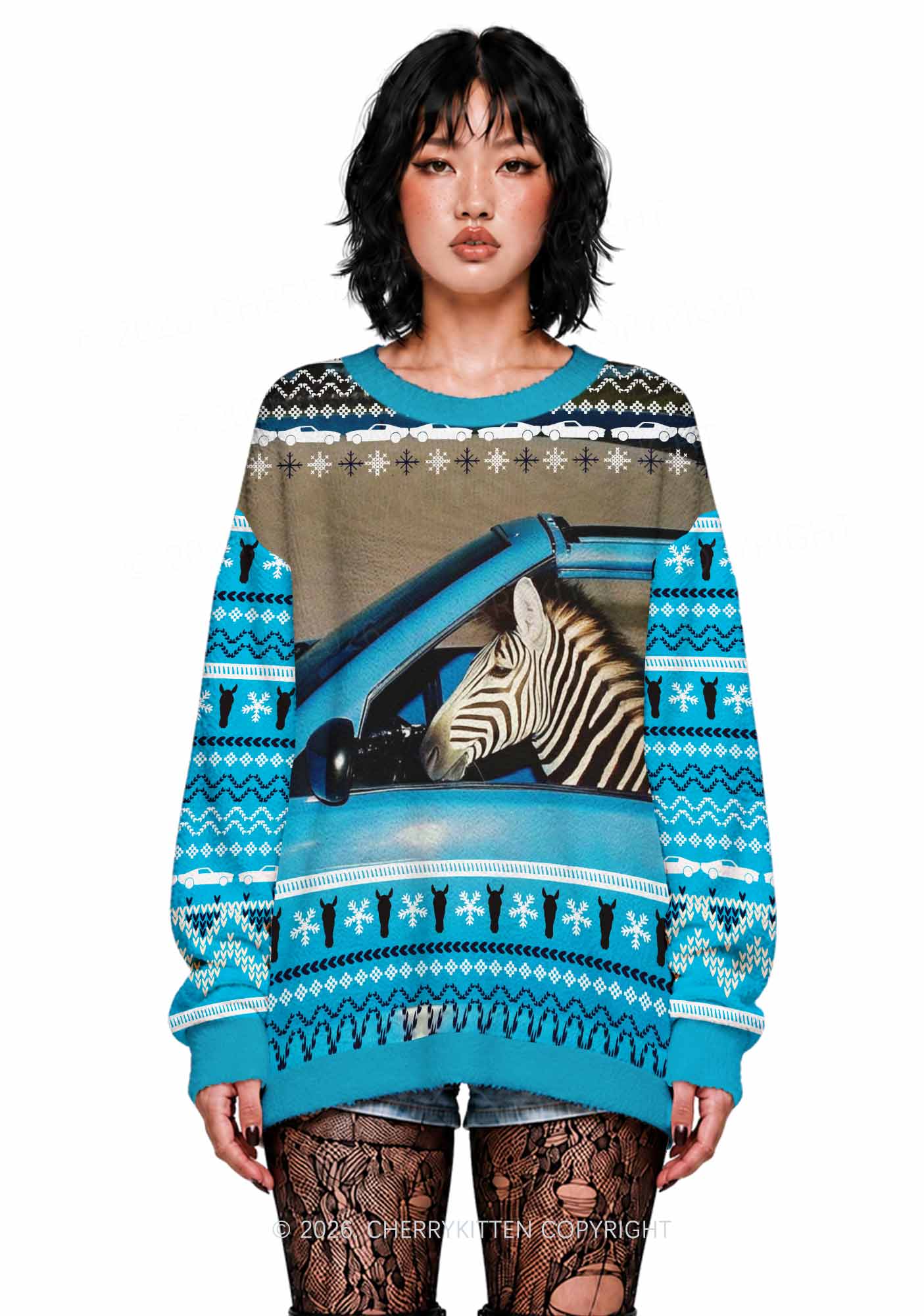 Zebra Driver Y2K Christmas Knit Sweatshirt Cherrykitten