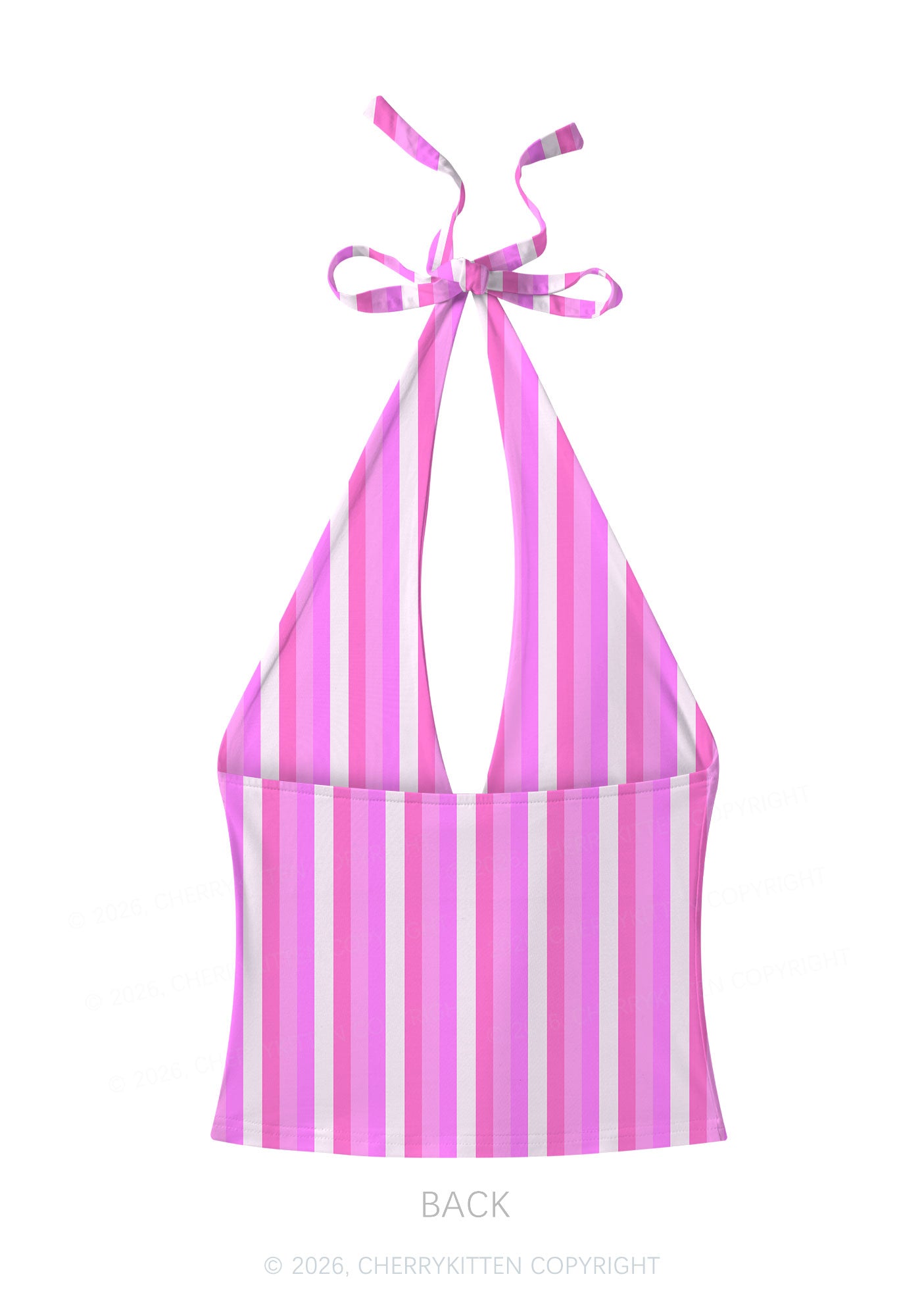 Pink Vertical Stripe Y2K Print Halter Deep V Neck Cami Cherrykitten