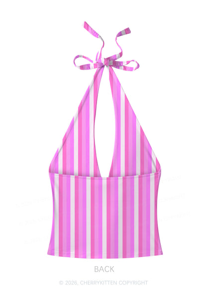 Pink Vertical Stripe Y2K Print Halter Deep V Neck Cami Cherrykitten