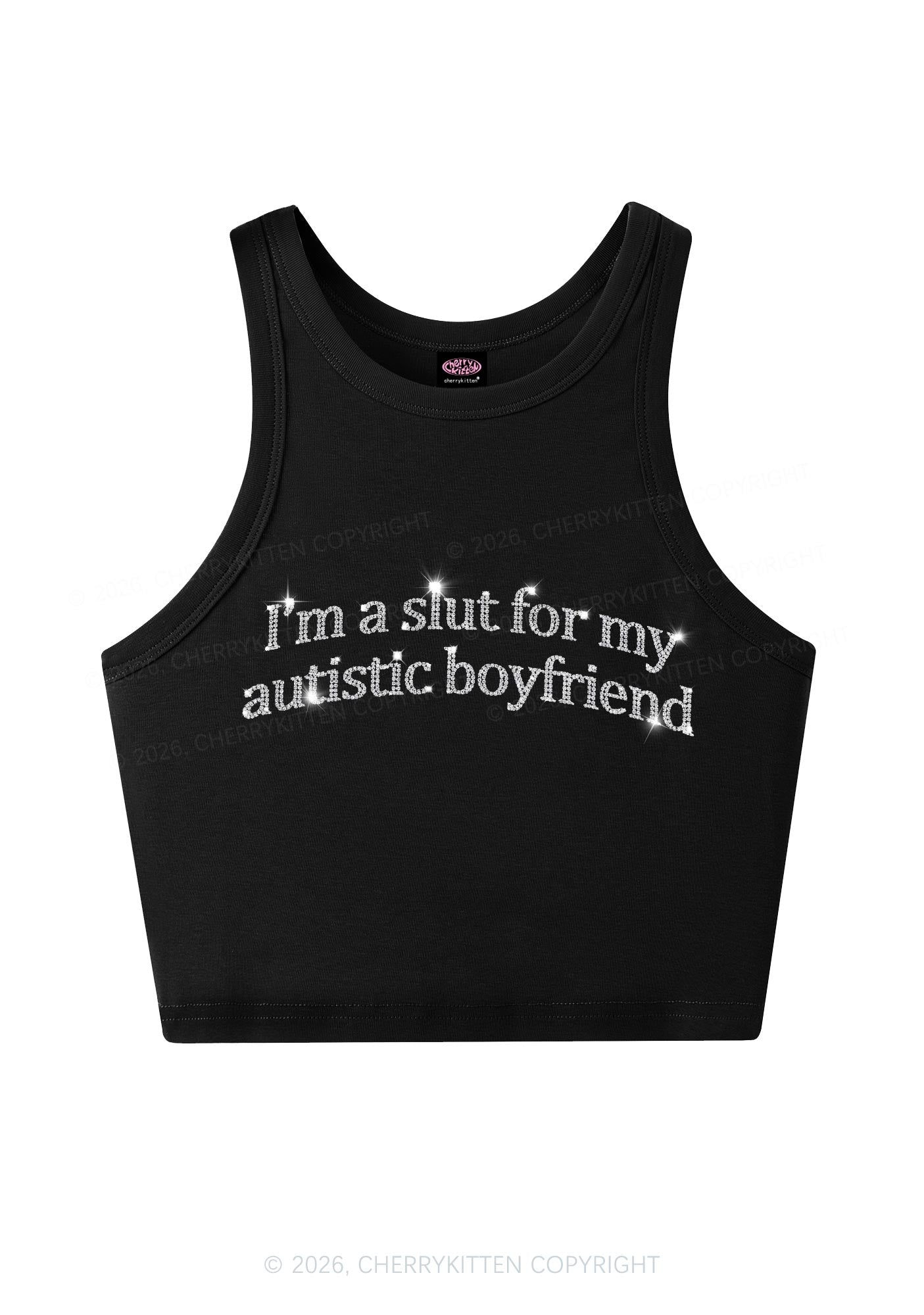 Rhinestone Slxt For My Autistic BF Y2K Crop Tank Top Cherrykitten